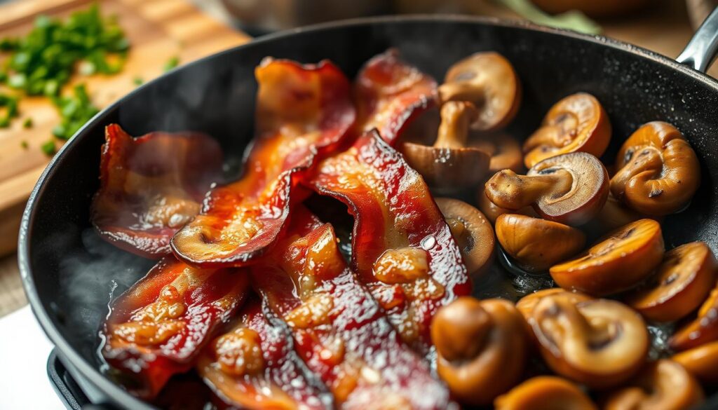 Bacon and Mushroom Topping Preparation Bacon and Mushroom Topping Preparation