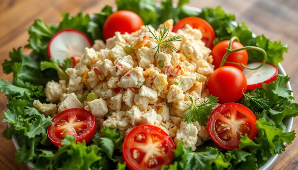 A delectable chicken salad chick dish with a fancy nancy presentation. Crisp, freshly chopped chicken, blended with creamy mayonnaise, tangy mustard, and crunchy celery, all nestled in a beautifully arranged bed of mixed greens. Garnished with vibrant cherry tomatoes, sliced radishes, and delicate sprigs of dill, creating a visually stunning and appetizing arrangement. The lighting is soft and warm, highlighting the natural textures and colors of the ingredients. The image is captured from a slightly elevated angle, showcasing the carefully crafted presentation in a elegant, high-quality manner. A delectable chicken salad chick dish with a fancy nancy presentation. Crisp, freshly chopped chicken, blended with creamy mayonnaise, tangy mustard, and crunchy celery, all nestled in a beautifully arranged bed of mixed greens. Garnished with vibrant cherry tomatoes, sliced radishes, and delicate sprigs of dill, creating a visually stunning and appetizing arrangement. The lighting is soft and warm, highlighting the natural textures and colors of the ingredients. The image is captured from a slightly elevated angle, showcasing the carefully crafted presentation in a elegant, high-quality manner.