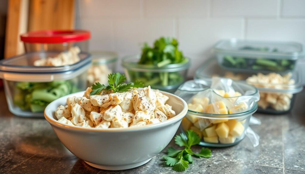 A well-lit kitchen counter, with a ceramic bowl filled with freshly made chicken salad, surrounded by glass storage containers, plastic wrap, and other food preservation tools. The salad is garnished with fresh parsley and a light sprinkling of black pepper. The background features a clean, minimalist tile wall, creating a sense of order and cleanliness. The camera angle is slightly elevated, capturing the scene from an informative, instructional perspective, showcasing the best practices for storing and preserving homemade chicken salad. A well-lit kitchen counter, with a ceramic bowl filled with freshly made chicken salad, surrounded by glass storage containers, plastic wrap, and other food preservation tools. The salad is garnished with fresh parsley and a light sprinkling of black pepper. The background features a clean, minimalist tile wall, creating a sense of order and cleanliness. The camera angle is slightly elevated, capturing the scene from an informative, instructional perspective, showcasing the best practices for storing and preserving homemade chicken salad.